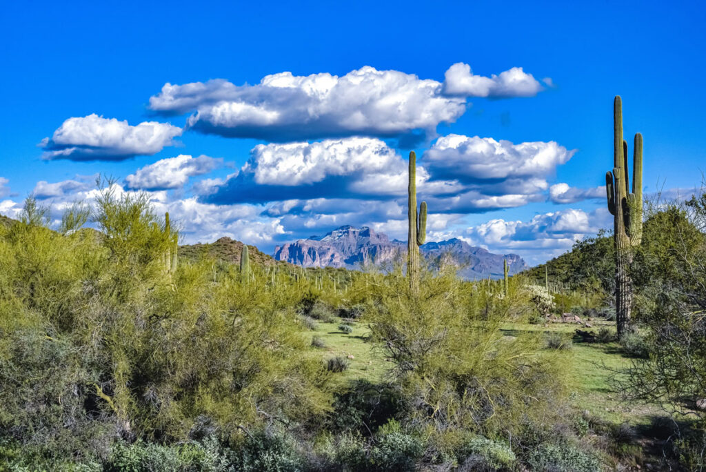 A blue cloudy sky over the Santa Catalina mountain range in Tucson, AZ.